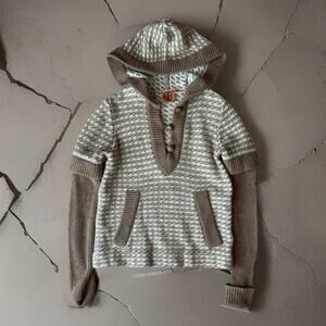 Tory Burch Sweater XS Brown Hooded Wool Pullover Argyle Glam Designer New York